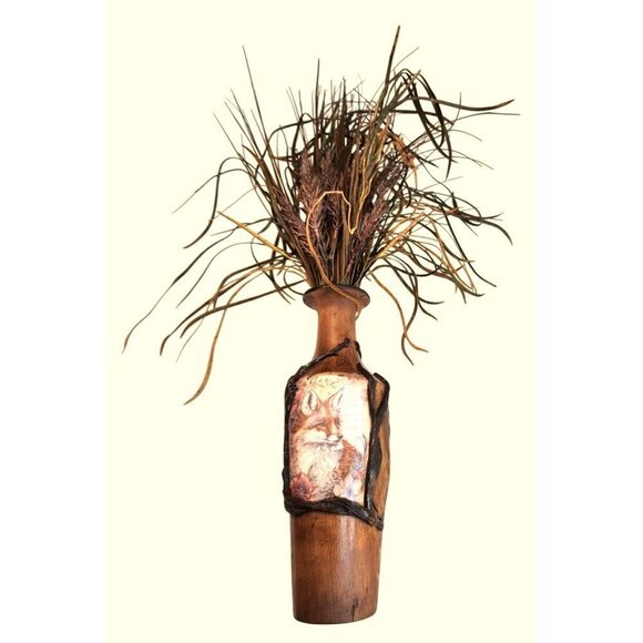 Wooden Fence Post Vase With Fox Design & Faux Grass Grain Arrangement 28" tall W - Picture 10 of 15